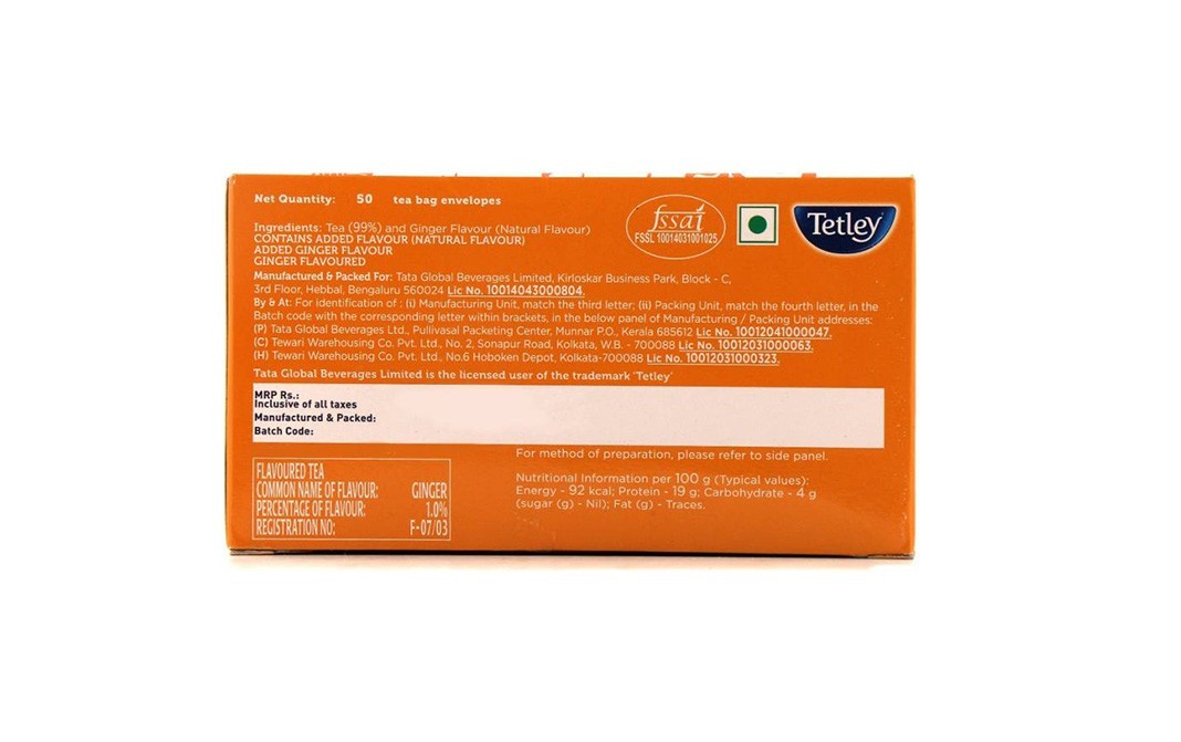 Tetley Ginger Zing Warming & Reviving Ginger Infused Black Tea   Box  50 pcs